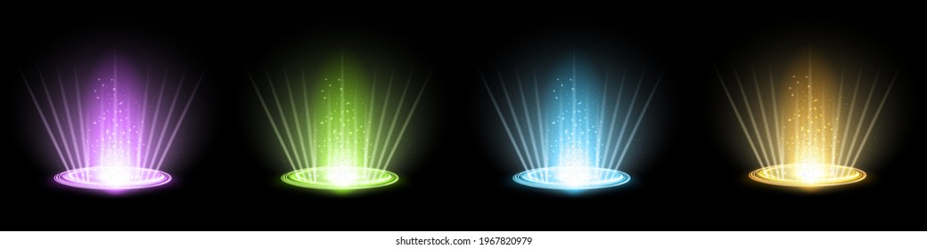 Color hologram portals set. Magic fantasy portal. Magic circle teleport podium with hologram effect. Vector colorful glow rays with sparks on black background