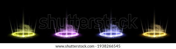 Color hologram portals set. Magic\
fantasy portal. Magic circle teleport podium with hologram effect.\
Vector colorful glow rays with sparks on black\
background.