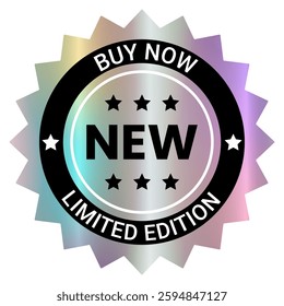 Color holographic sticker template, foil effect label. Round Shiny Smooth Mirror Rainbow Emblem New, Exclusive, limited edition, buy now. Isolated on transparent background EPS10 Vector Illustration

