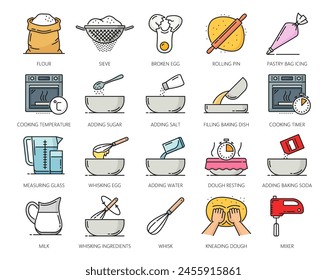 Color home bakery and pastry icons, cooking symbols of vector line food bake oven, flour and dough, kitchen tools and utensils. Eggs, spoon, bowl, whisk and mixer, sieve, rolling pin and pastry bag