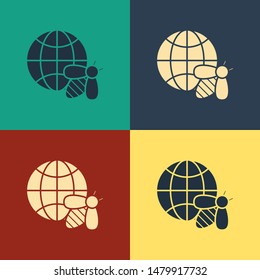 Color Honeycomb map of the world and bee icon isolated on color background. World bee day. Concept ecological event. Vintage style drawing. Vector Illustration