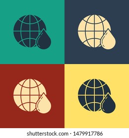 Color Honeycomb map of the world icon isolated on color background. World bee day. Concept ecological event. Vintage style drawing. Vector Illustration