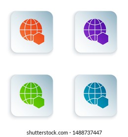 Color Honeycomb map of the world icon isolated on white background. World bee day. Concept ecological event. Set icons in colorful square buttons. Vector Illustration