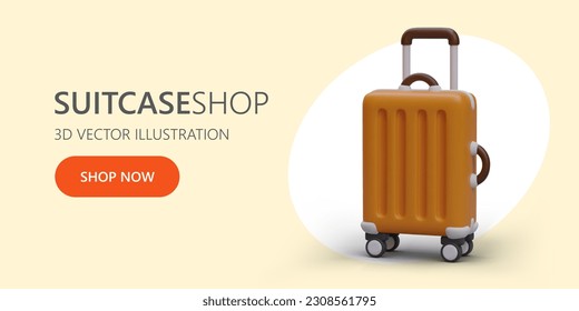 Farbhorizontaler Banner mit 3D-Rollenkasten. Verkauf von Koffern für den bequemen Gepäcktransport. Werbeplakat. Realistische Illustration im Cartoon-Stil, Ort für Text