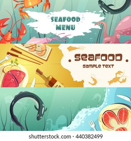 Color horizontal banners seafood menu with title depicting sea inhabitants and seafood meal vector illustration