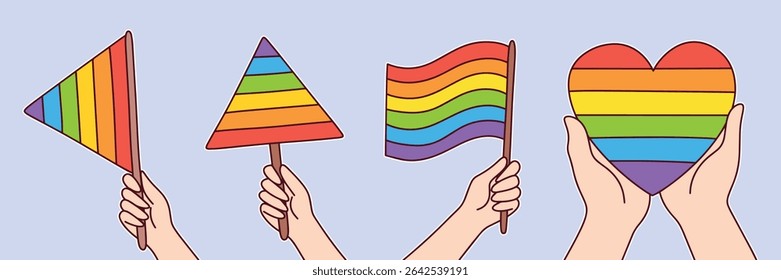 Color horizontal composition with hands holding rainbow hearts, flags, and triangle signs. Represents LGBT identity, protest, and community