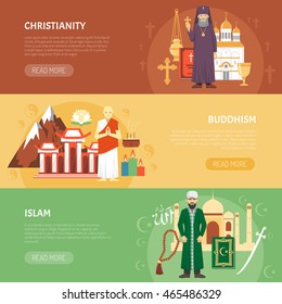 Color horizontal flat banners about religion confession christianity buddhism islam vector illustration