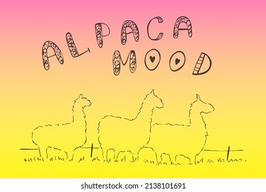 Color de impresión horizontal. Imagen de alpacas dibujada a mano por vectores al atardecer. Plantilla de diseño Eps patrón animal 
camiseta, etiqueta, logotipo, tarjeta, cartel, cartel