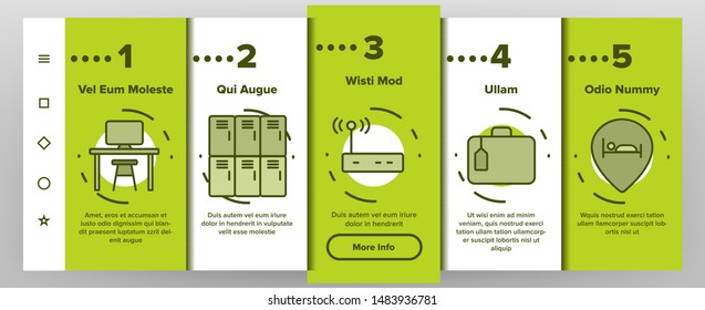 Color Hostel, Tourist Accommodation Vector Onboarding Mobile App Page Screen. Hostel Facilities And Services. Outline Cliparts. Hotel Reservation Pictograms. Hospitality Industry Illustration