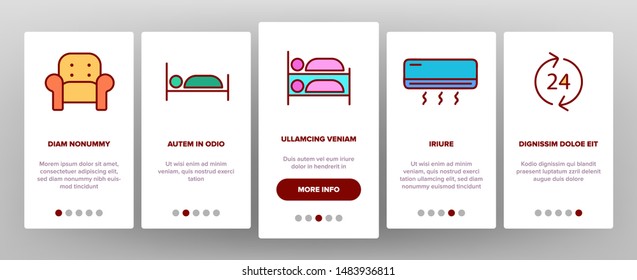 Color Hostel, Tourist Accommodation Vector Onboarding Mobile App Page Screen. Hostel Facilities And Services. Outline Cliparts. Hotel Reservation Pictograms. Hospitality Industry Illustration
