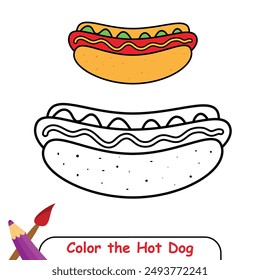 Colorea la ilustración de dibujo de hotdog. libro de colorear para niños. página de colorear de hotdog ilustración de color