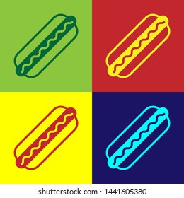 Color Hotdog sandwich with mustard icon isolated on color backgrounds. Sausage icon. Fast food sign. Vector Illustration