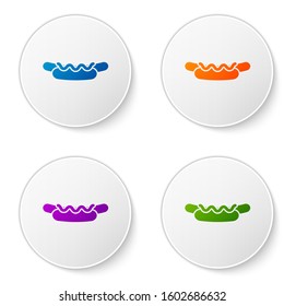 Color Hotdog sandwich with mustard icon isolated on white background. Sausage icon. Street fast food menu. Set icons in circle buttons. Vector Illustration