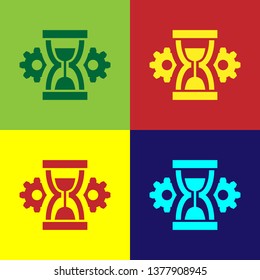Color Hourglass and gear icon isolated on color backgrounds. Time Management symbol. Clock and gear icon. Productivity symbol. Vector Illustration