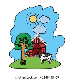 color house farm with cow animal and tree