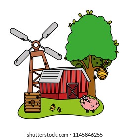 color house farm with mindmill and honey bees
