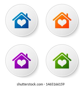 Color House with heart shape icon isolated on white background. Love home symbol. Family, real estate and realty. Set icons in circle buttons. Vector Illustration