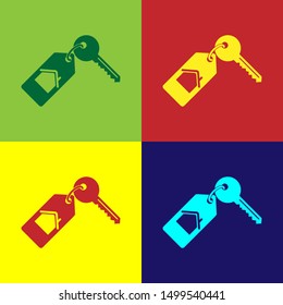 Color House with key icon isolated on color background. The concept of the house turnkey.  Vector Illustration
