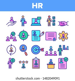 Color HR Human Resources Icons Set Vector Thin Line. Profile And Target With Arrow, Handshake, Character Businessman And Video Conference HR Linear Pictograms. Illustrations