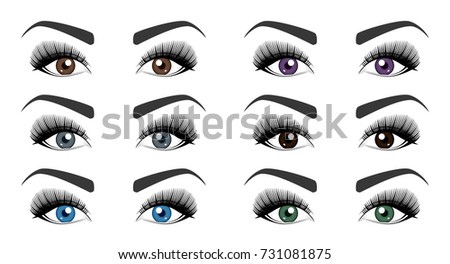 Color of human eyes. Set of open female eyes with beautiful long eyelashes and stylish eyebrows isolated on white background. Fashion makeup. Vector illustration