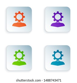 Color Human with gear inside icon isolated on white background. Artificial intelligence. Thinking brain sign. Symbol work of brain. Set icons in colorful square buttons. Vector Illustration