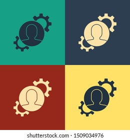 Color Human with gear inside icon isolated on color background. Artificial intelligence. Thinking brain sign. Symbol work of brain. Vintage style drawing. Vector Illustration