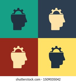 Color Human with gear inside icon isolated on color background. Artificial intelligence. Thinking brain sign. Symbol work of brain. Vintage style drawing. Vector Illustration