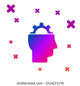 Color Human with gear inside icon isolated on white background. Artificial intelligence. Thinking brain sign. Symbol work of brain. Gradient random dynamic shapes. Vector Illustration