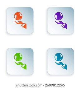 Color Human hands holding Earth globe icon isolated on white background. Save earth concept. Set colorful icons in square buttons. Vector