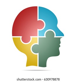 The color human head composed of red, blue, green and yellow puzzle pieces with gray shadow below the head on a white background. Human head composed of geometric elements 