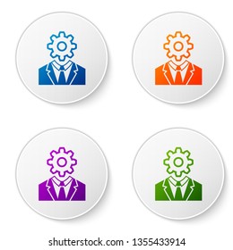 Color Human head with gear inside icon isolated on white background. Artificial intelligence. Thinking brain sign. Symbol work of brain. Set color icon in circle buttons. Vector Illustration