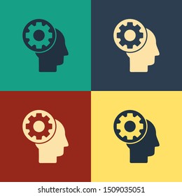 Color Human head with gear inside icon isolated on color background. Artificial intelligence. Thinking brain sign. Symbol work of brain. Vintage style drawing. Vector Illustration