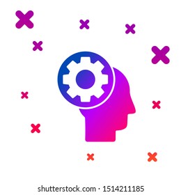Color Human head with gear inside icon isolated on white background. Artificial intelligence. Thinking brain sign. Symbol work of brain. Gradient random dynamic shapes. Vector Illustration