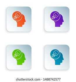Color Human head with lamp bulb icon isolated on white background. Set icons in colorful square buttons. Vector Illustration