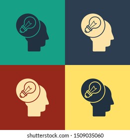 Color Human head with lamp bulb icon isolated on color background. Vintage style drawing. Vector Illustration