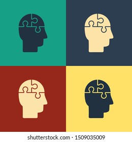 Color Human head puzzles strategy icon isolated on color background. Thinking brain sign. Symbol work of brain. Vintage style drawing. Vector Illustration