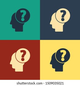 Color Human head with question mark icon isolated on color background. Vintage style drawing. Vector Illustration