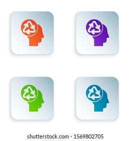 Color Human head with recycle icon isolated on white background. Recycling thinking. Ecology friendly. Set icons in colorful square buttons. Vector Illustration