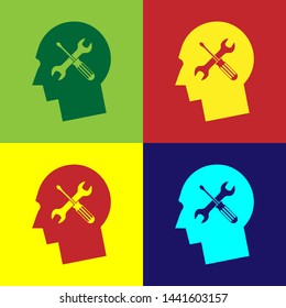 Color Human head with with screwdriver and wrench icon isolated on color background. Artificial intelligence. Symbol work of brain.  Vector Illustration