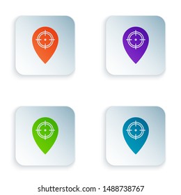 Color Hunt place icon isolated on white background. Navigation, pointer, location, map, gps, direction, place, compass, contact, search. Set icons in colorful square buttons. Vector Illustration