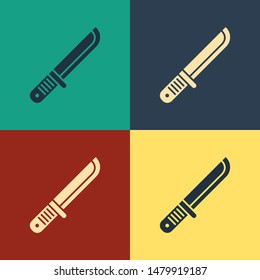 Color Hunter knife icon isolated on color background. Army knife. Vintage style drawing. Vector Illustration