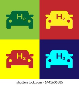 Color Hydrogen car icon isolated on color backgrounds. H2 station sign. Hydrogen fuel cell car eco environment friendly zero emission. Vector Illustration