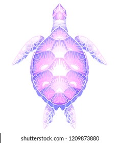 Color icartoon illustration of purple turtle. The object is separate from the background. Neon illustration for printing on T-shirts, covers, sketches of tattoos and your design.