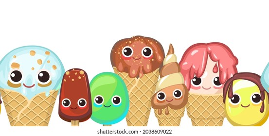 Color ice cream. Funny cartoon characters. Horizontal seamless background illustration. In waffle cups and cones. Creamy and chocolatey. Popsicle on a stick. Dairy and fruit product. Vector