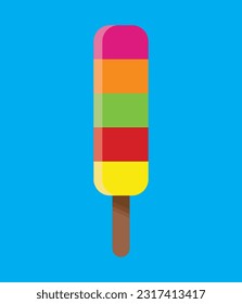 Color ice cream on blue background, flat vector illustration. Yummy ice Lolly, summer time concept. Rainbow Icecream icon,dessert illustration, vector sweet summer sign symbol.