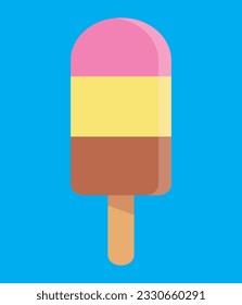 Color ice cream on blue background, flat vector illustration. Yummy ice Lolly, summer time concept. Colorful Icecream icon, dessert illustration, vector sweet summer sign symbol.