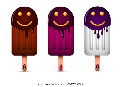 Color ice cream with smile. Icecreams with different flavor. Vector illustration