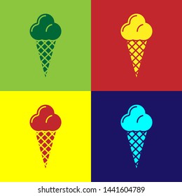 Color Ice cream in waffle cone icon isolated on color backgrounds. Sweet symbol. Vector Illustration