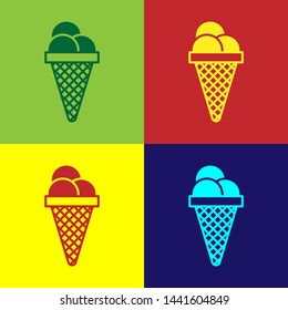 Color Ice cream in waffle cone icon isolated on color backgrounds. Sweet symbol. Vector Illustration