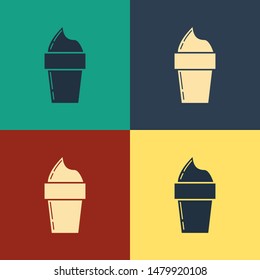 Color Ice cream in waffle cone icon isolated on color background. Sweet symbol. Vintage style drawing. Vector Illustration